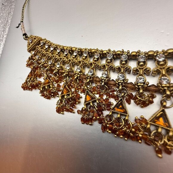 Vintage Indian Bollywood Style Gold Tone Crystal Bib Necklace With Amber Beads – - Picture 11 of 12